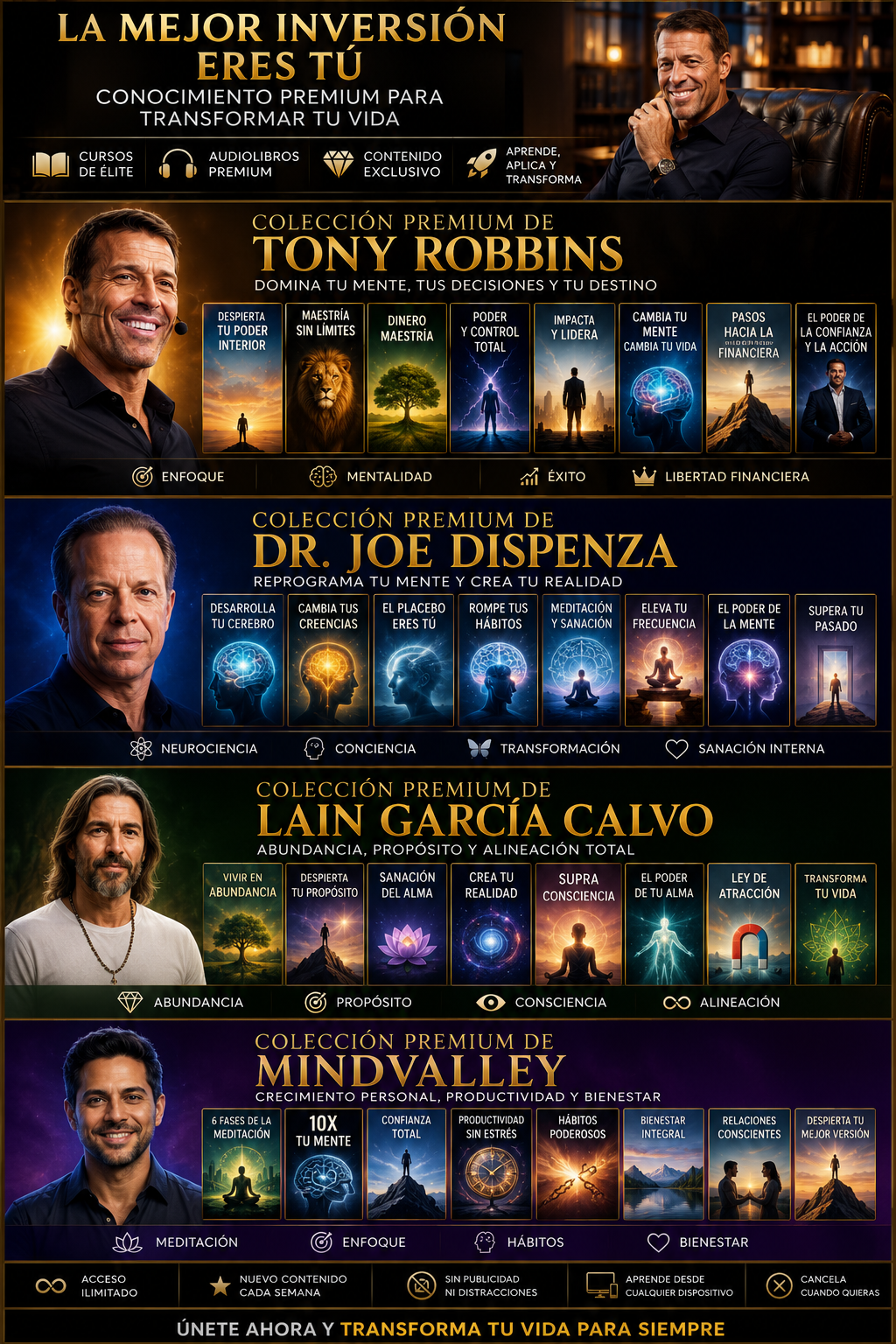 Catálogo premium: colecciones de Tony Robbins, Dr. Joe Dispenza, Laín García Calvo y Mindvalley