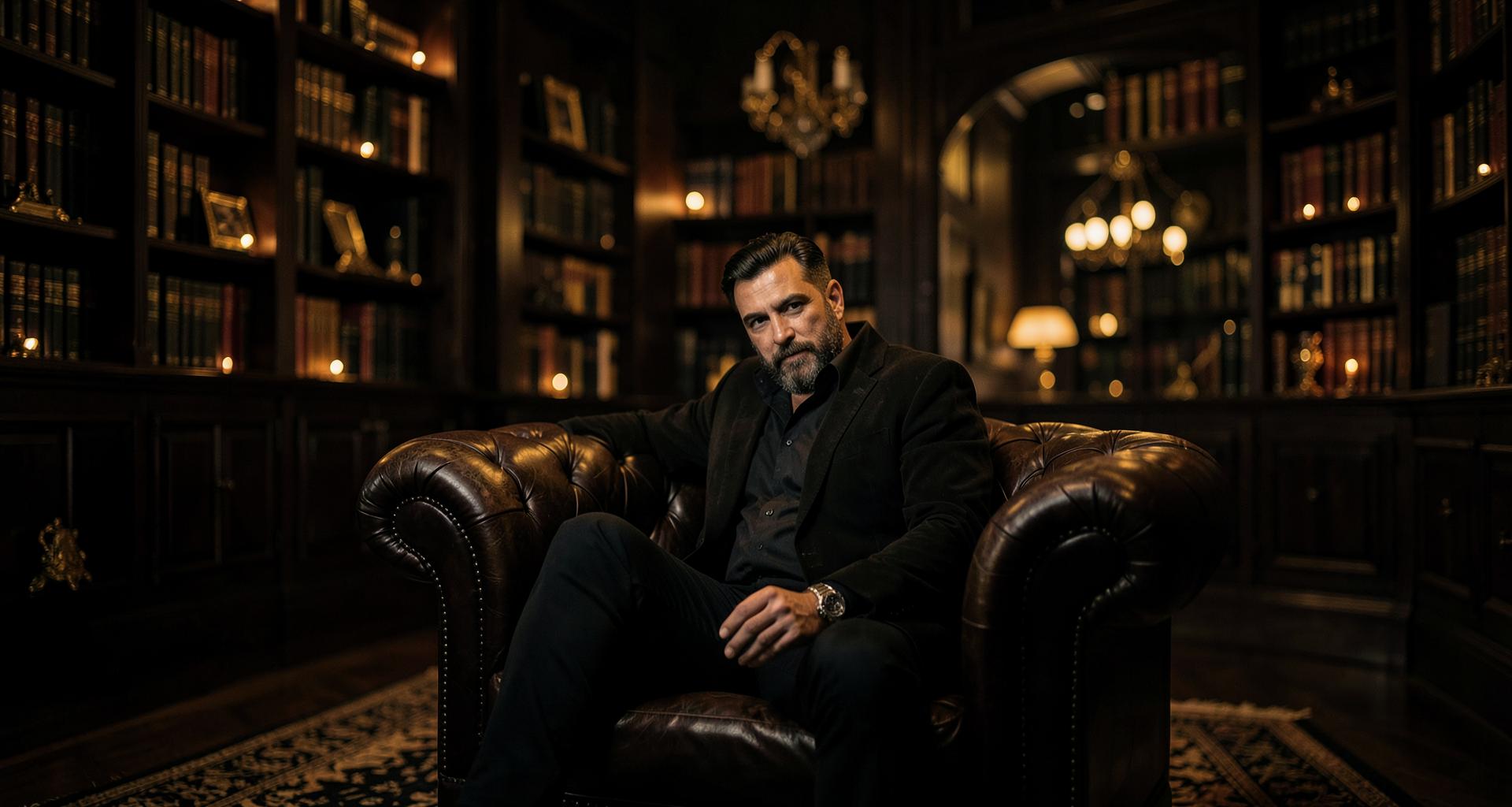 Biblioteca premium con iluminación dorada